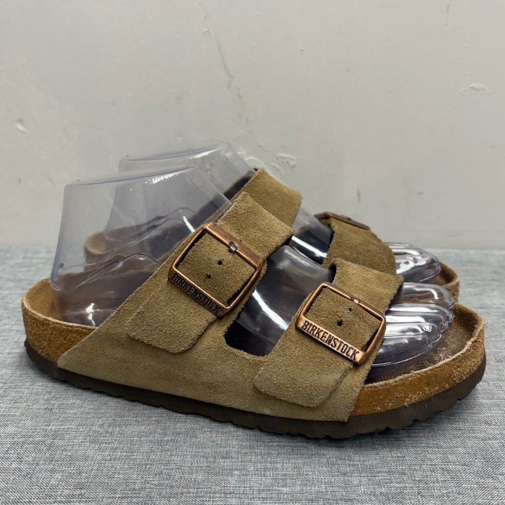 Birkenstock Arizona Sandals Women 7 Brown Suede Two Strap Cork Slide Footbed - Picture 4 of 11